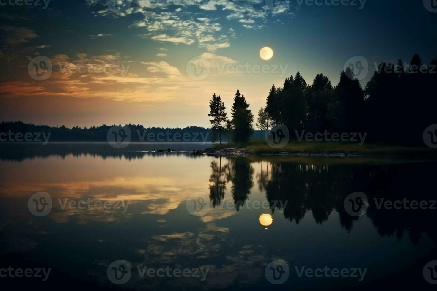 Photo of lake with moon reflection. AI generative