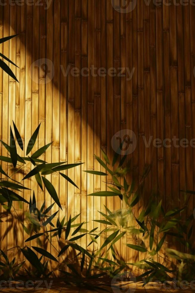 sunlight of tropical bamboo tree leaf shadow on brown wooden panel wall with wood grain. AI generative photo