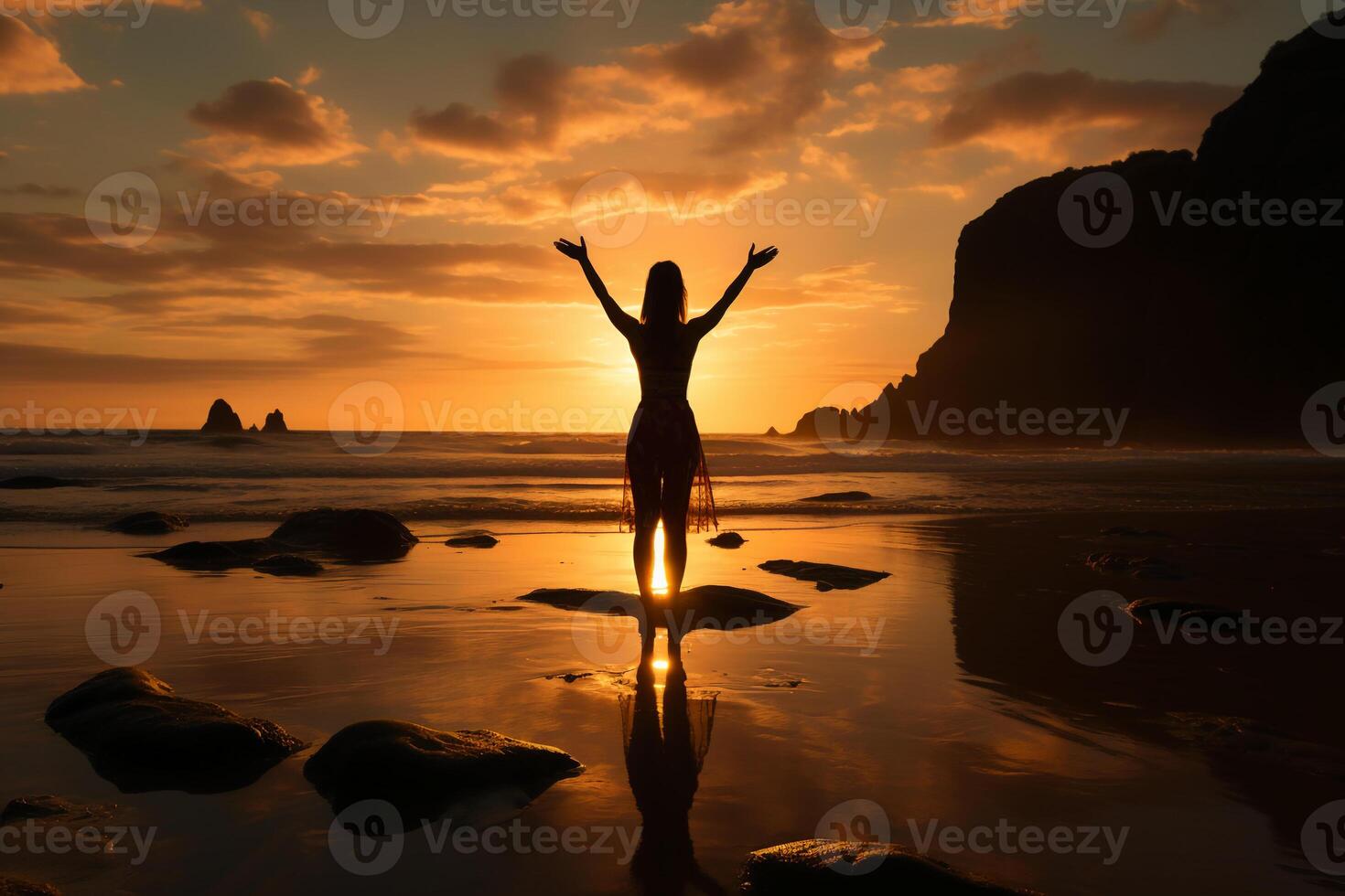 A cinematic and beautiful female active sportswear model, completing a yoga pose on a tranquil beach. photo