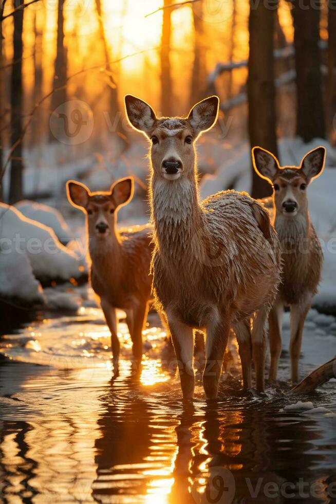 Stunning photography of a herd of deer in frozen forest. AI generative photo