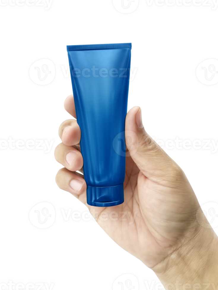 Hand holding Cosmetic plastic tube, transparent background png