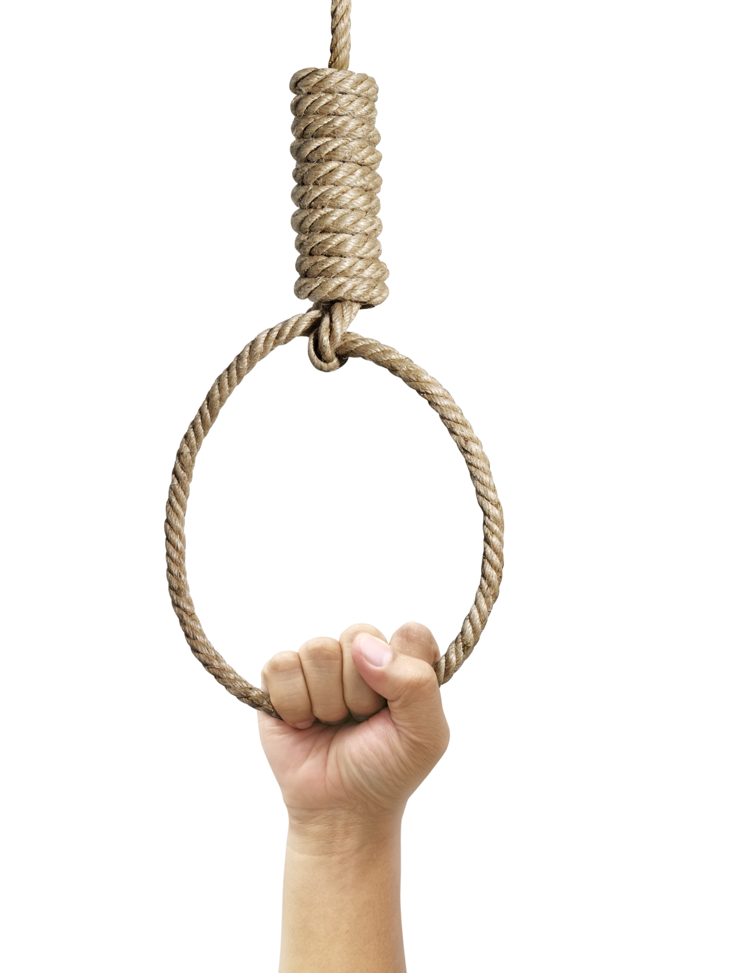 Hand holding rope noose with hangman's knot hanging, transparent