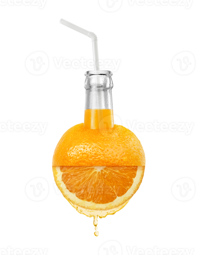 Orange juice bottle with straw on Orange fruit. transparent background png