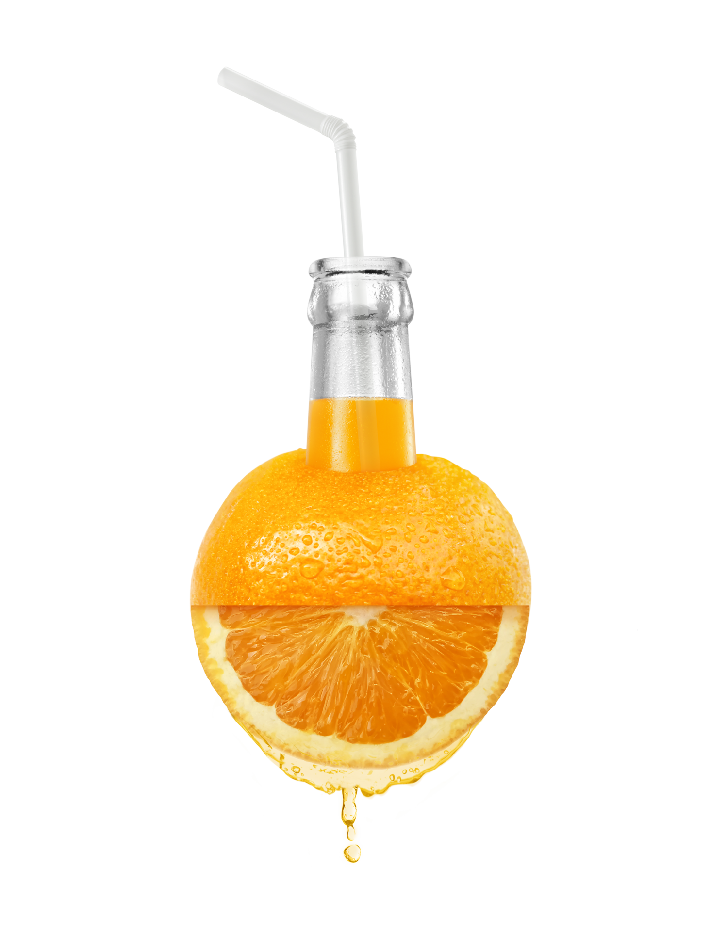 Orange juice bottle with straw on Orange fruit. transparent background