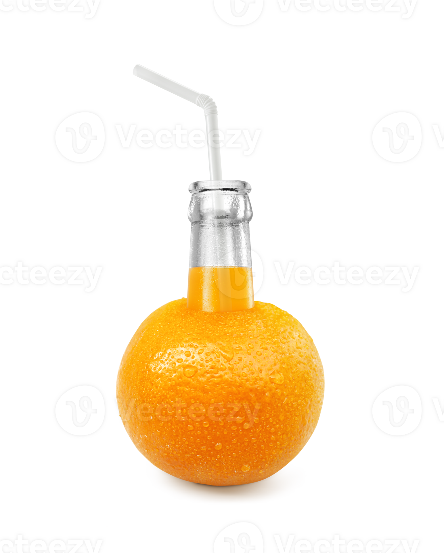 Orange juice bottle with straw on Orange fruit. transparent background