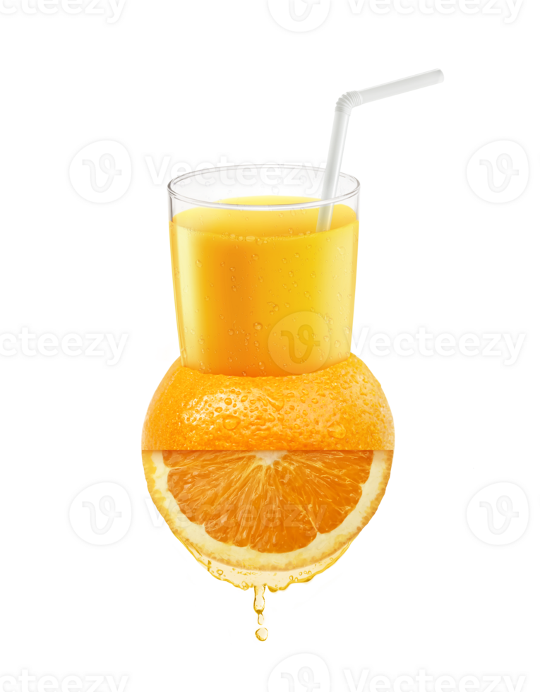 Fresh orange juice with straw on Orange fruit, transparent background png