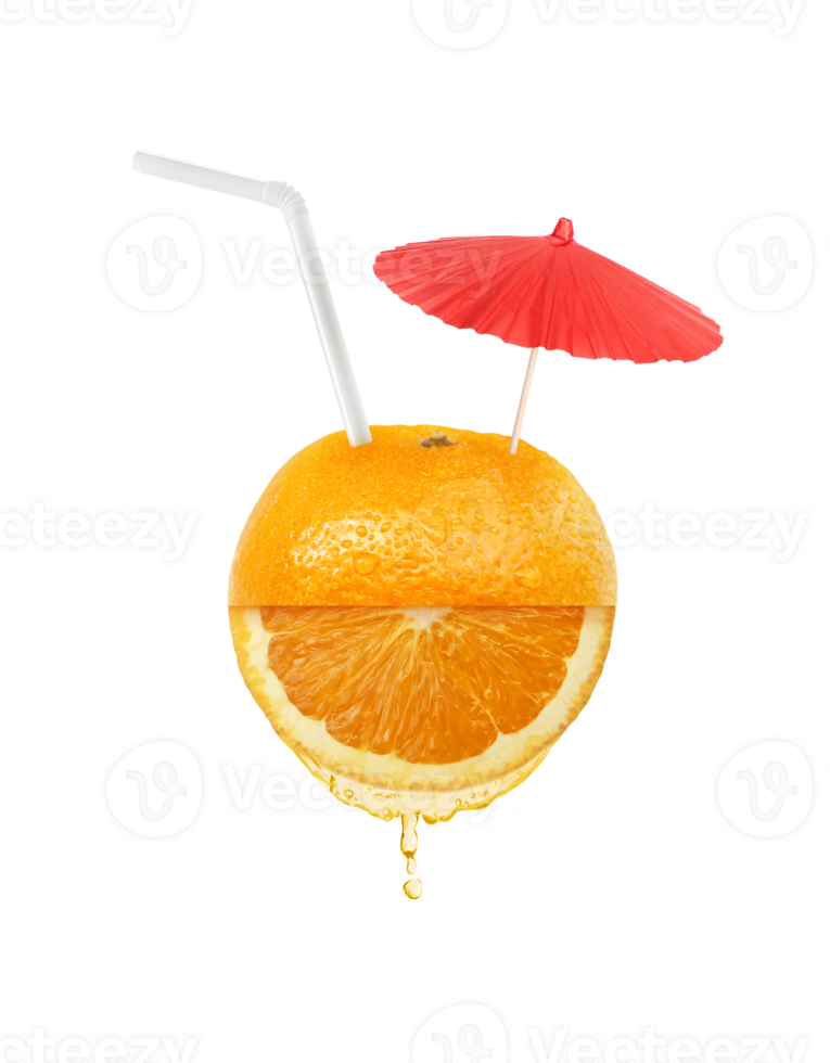 Orange juice with straw and umbrella on orange fruit Flat lay. transparent background png