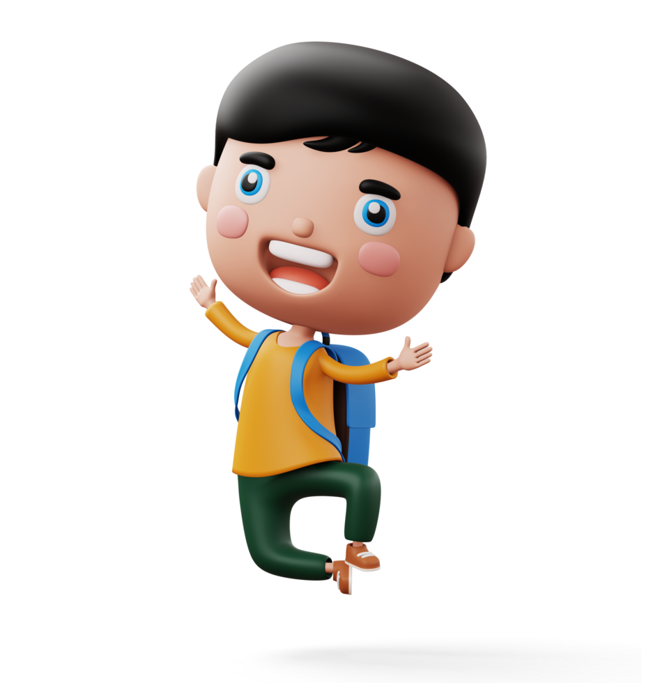 Happy child with bag, cute boy cartoon character, 3d rendering png