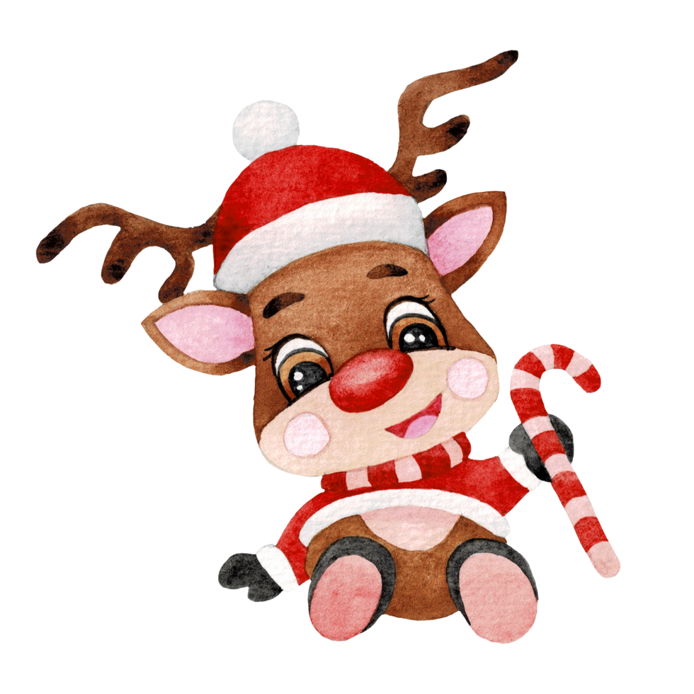 Happy animal character with Christmas hat , cute animal watercolor png