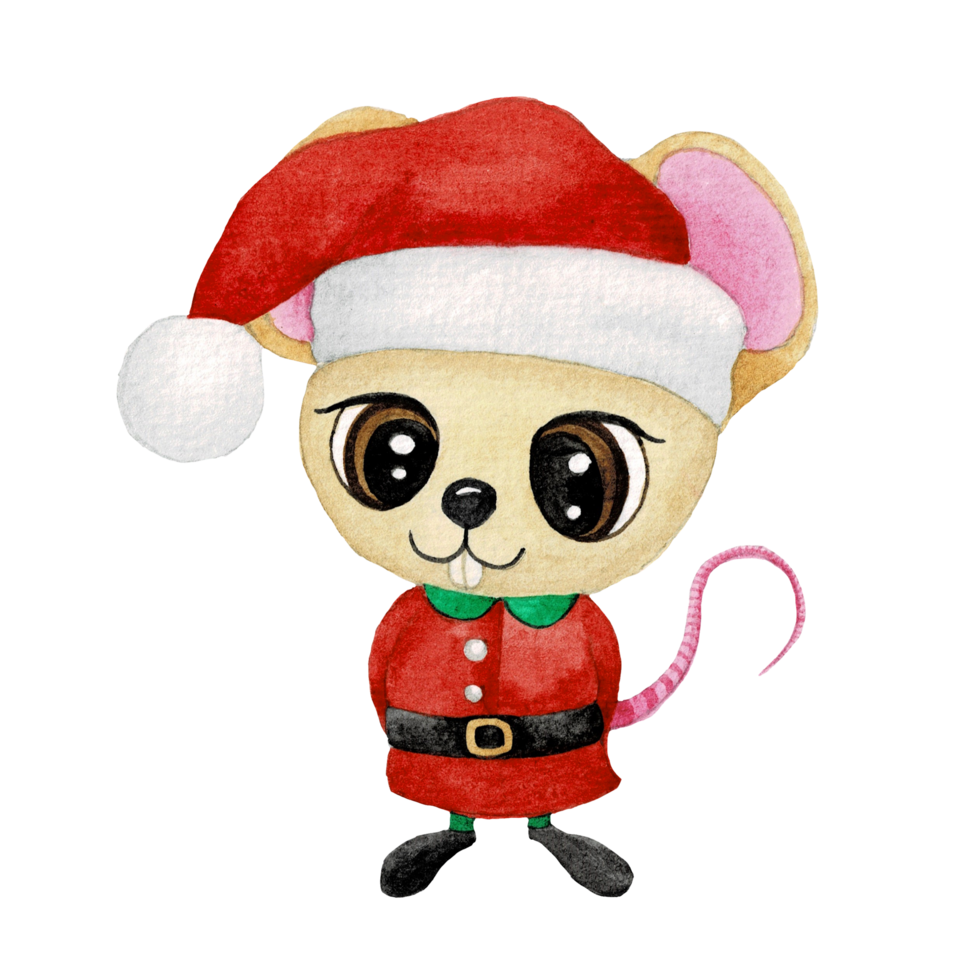 Happy animal character with Christmas hat , cute animal watercolor png