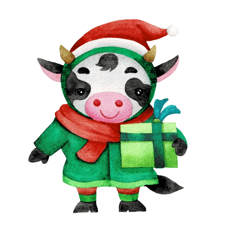 Happy animal character with Christmas hat , cute animal watercolor png