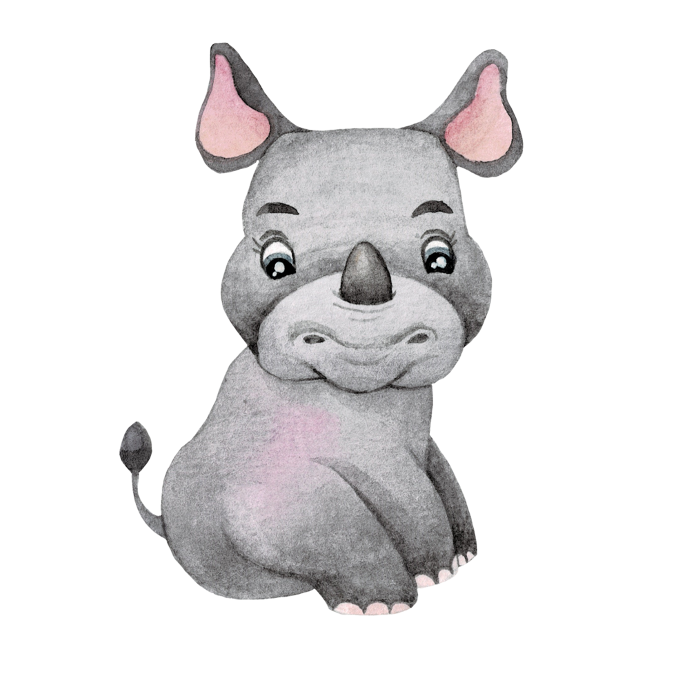 Cartoon animal watercolor illustration with rhinoceros png