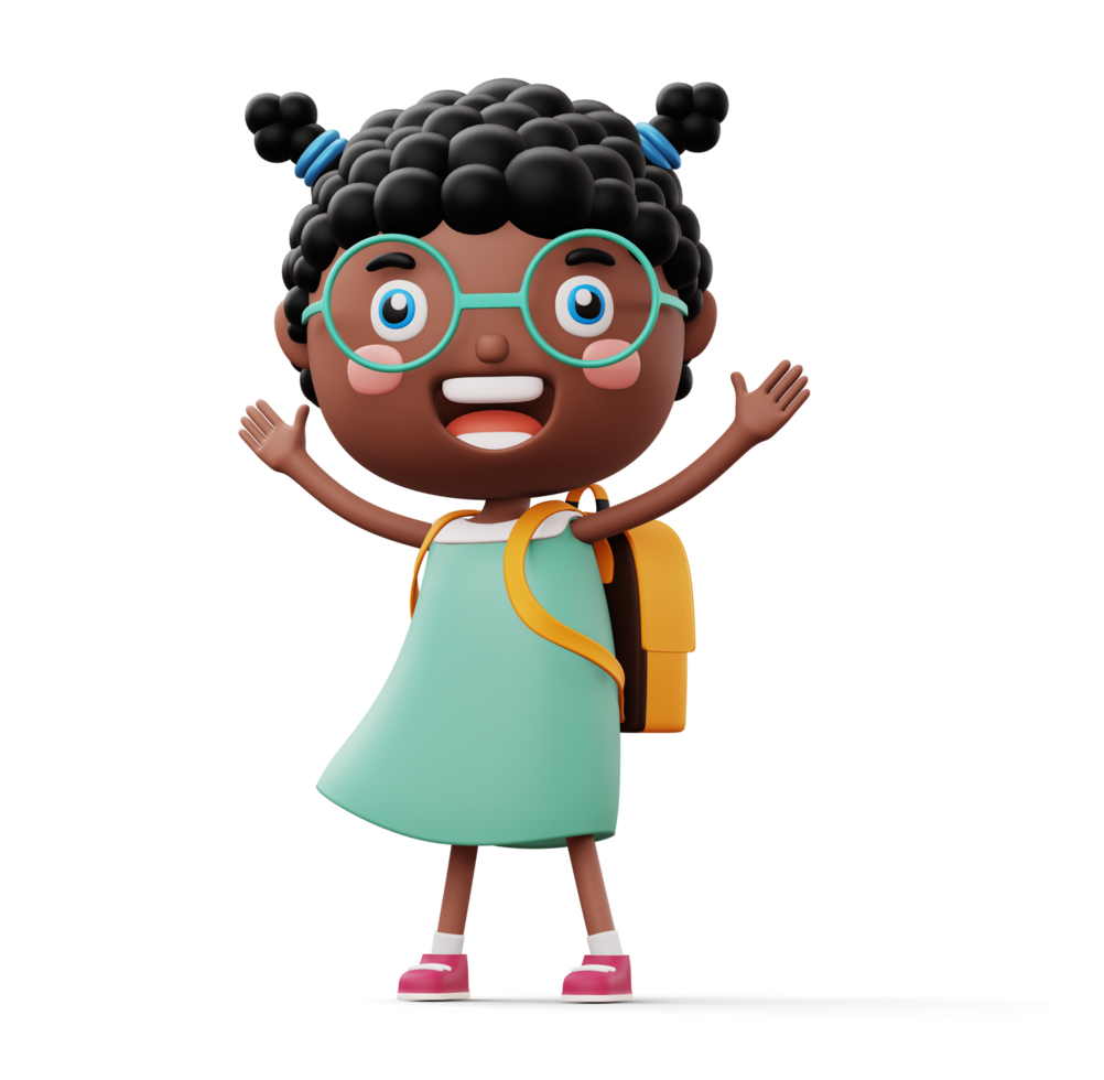 Happy child with bag, cute girl cartoon character, 3d rendering png