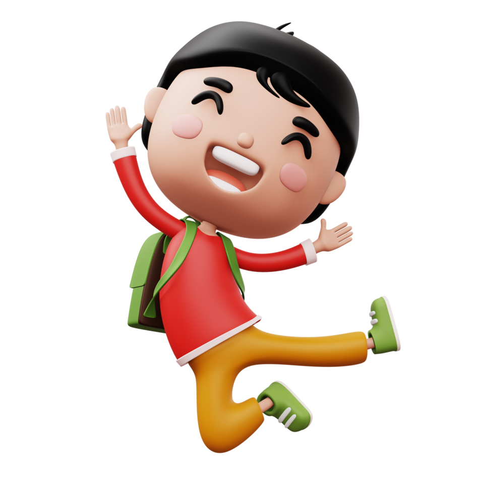 Happy child with bag, cute boy cartoon character, 3d rendering png