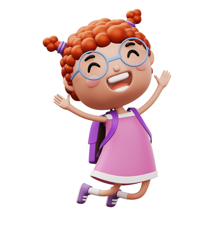 Happy child with bag, cute girl cartoon character, 3d rendering png