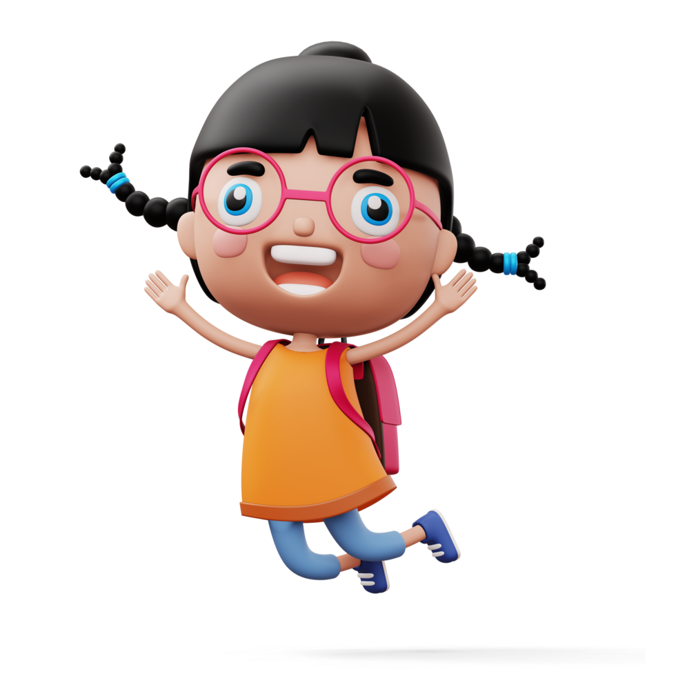 Happy child with bag, cute girl cartoon character, 3d rendering png