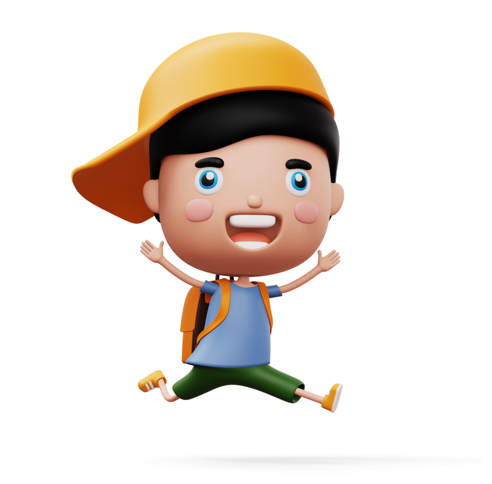 Happy child with bag, cute boy cartoon character, 3d rendering png