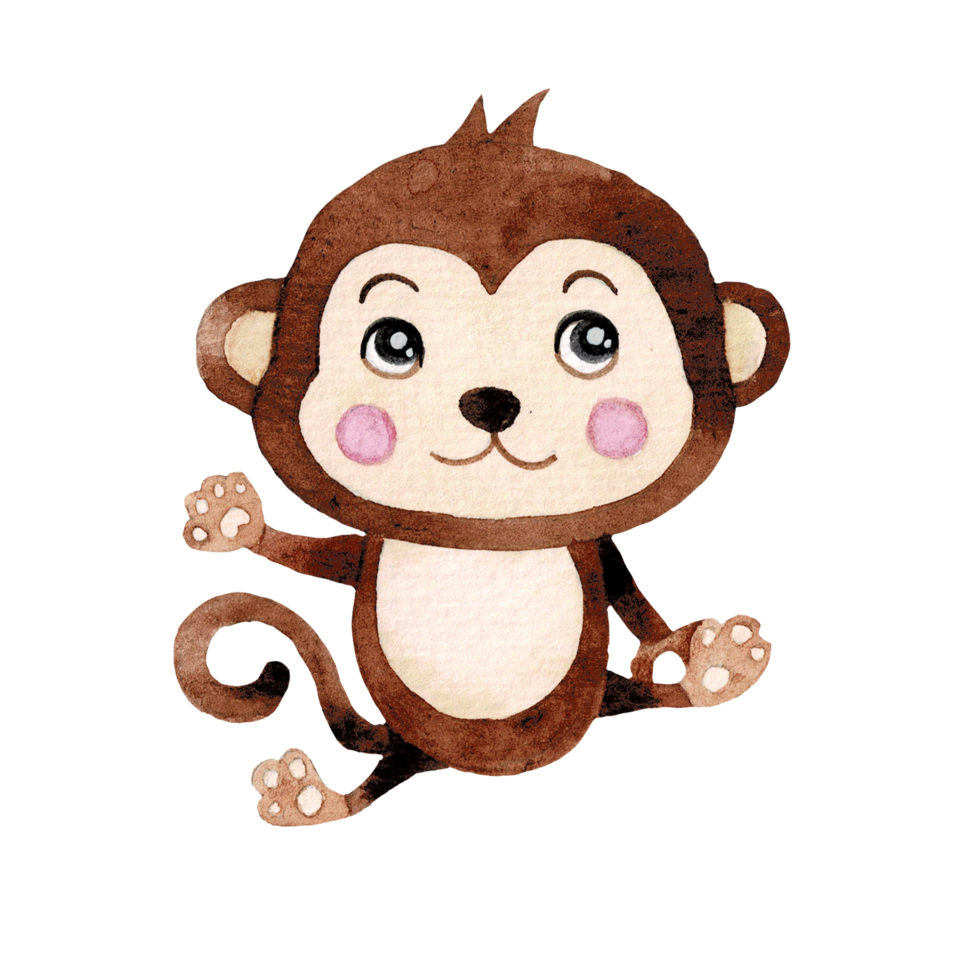 Cartoon animal watercolor illustration with monkey png
