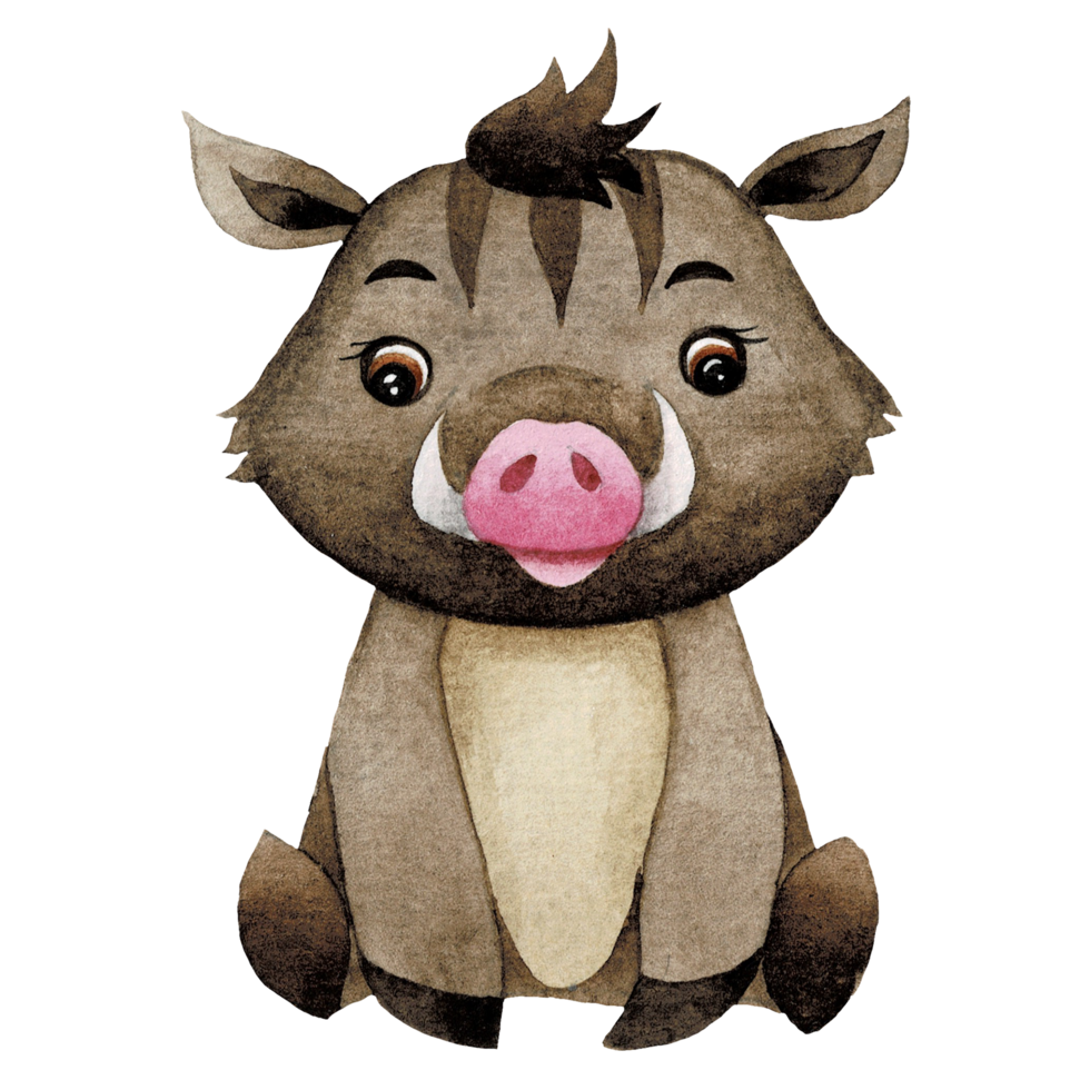 Cartoon animal watercolor illustration with boar png
