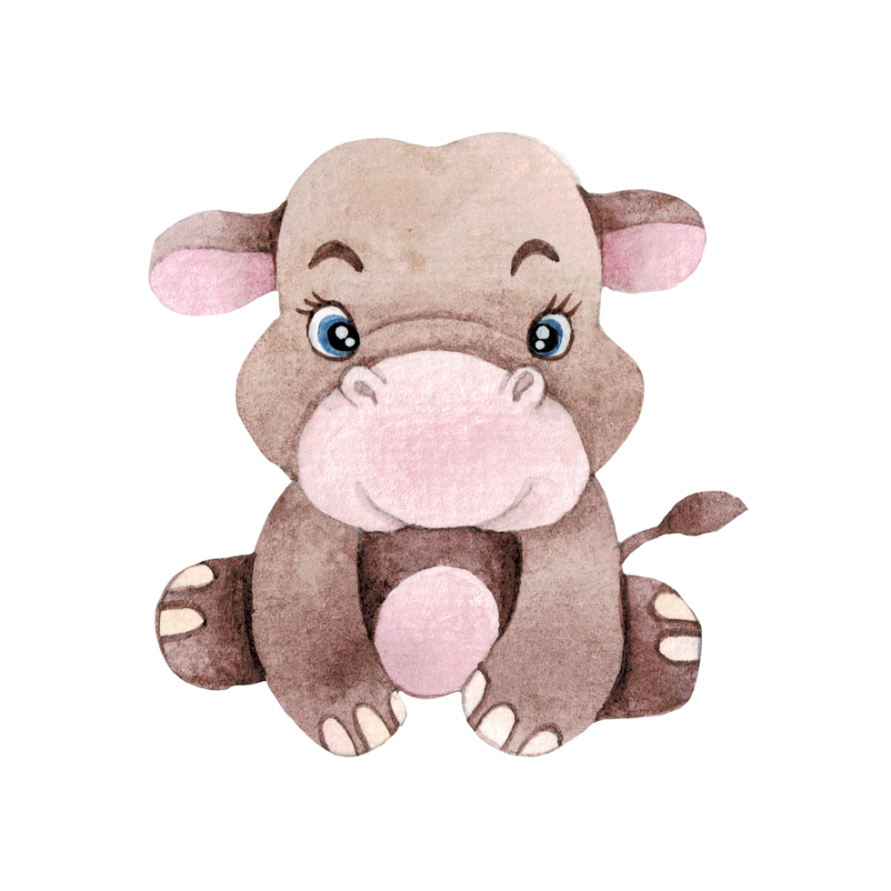 Cartoon animal watercolor illustration with hippopotamus png