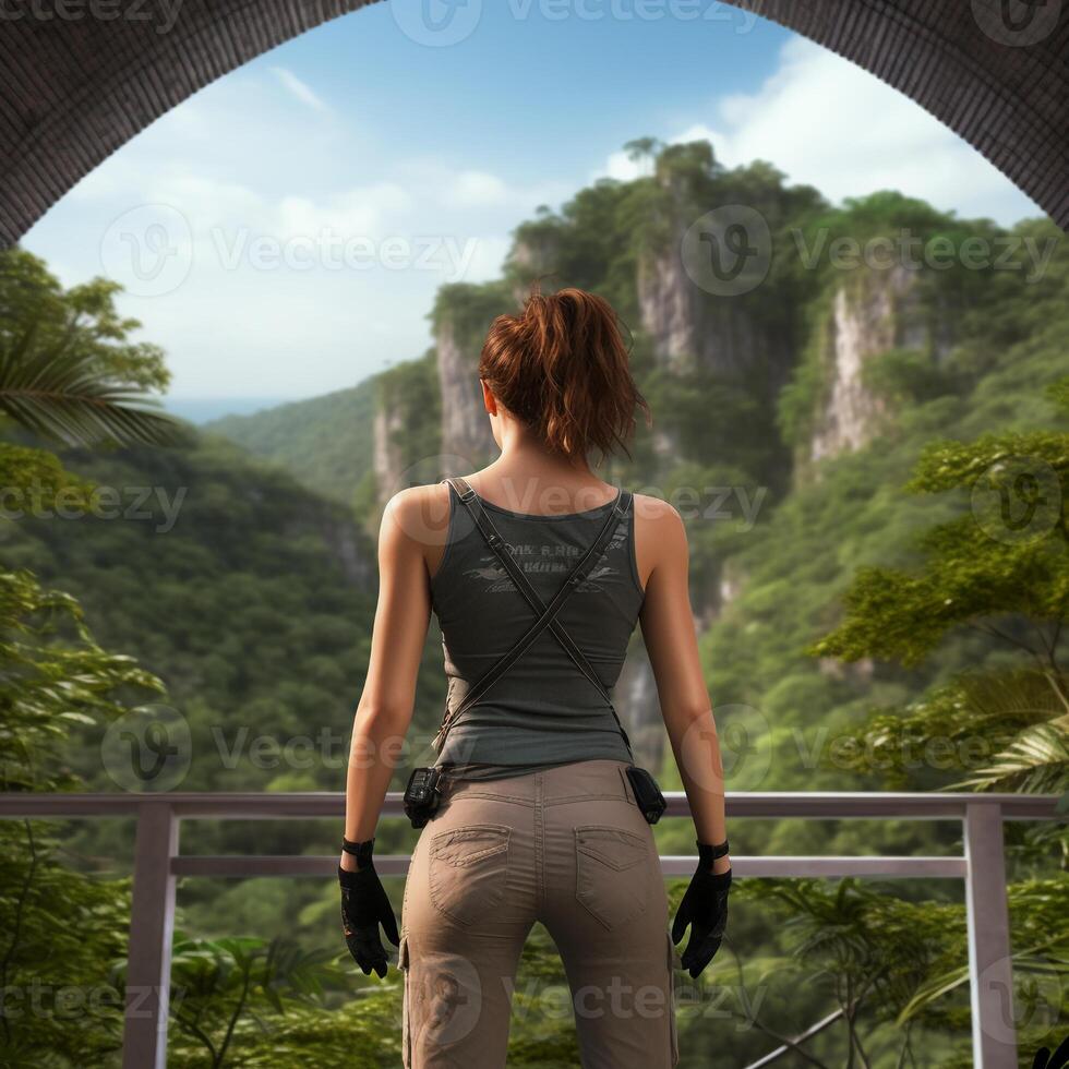 The back of a woman in summer clothes looking at jungle forests and waterfalls. AI generative photo