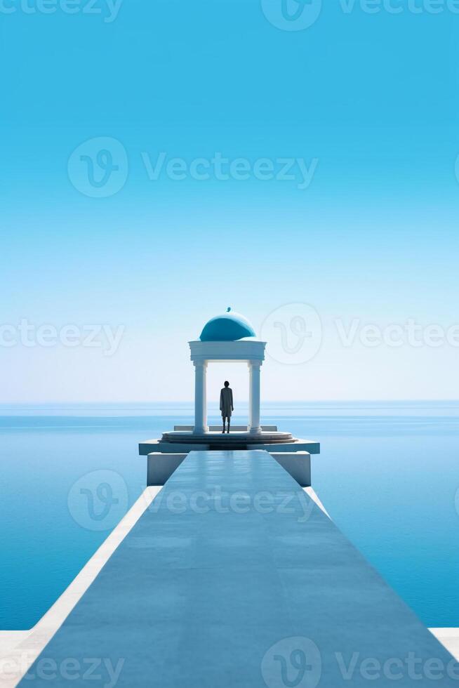 Design a captivating graphic that combines the majestic beauty of Greek architecture with the endless allure of the ocean. photo