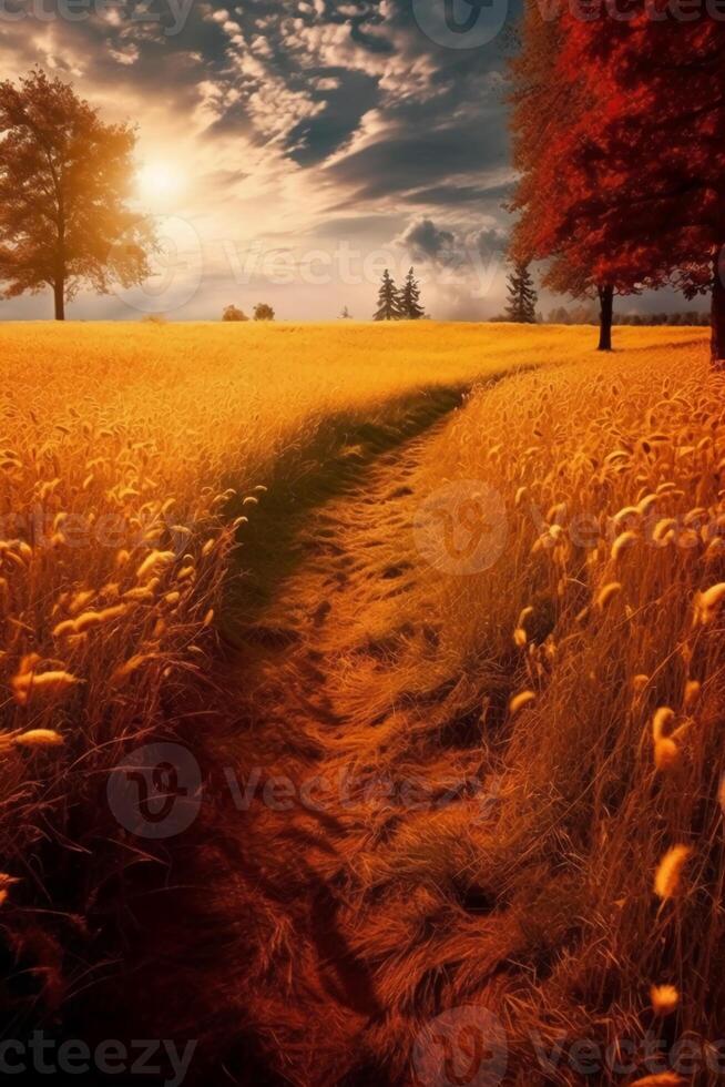 An autumn field, the sun is shining, amber. photo