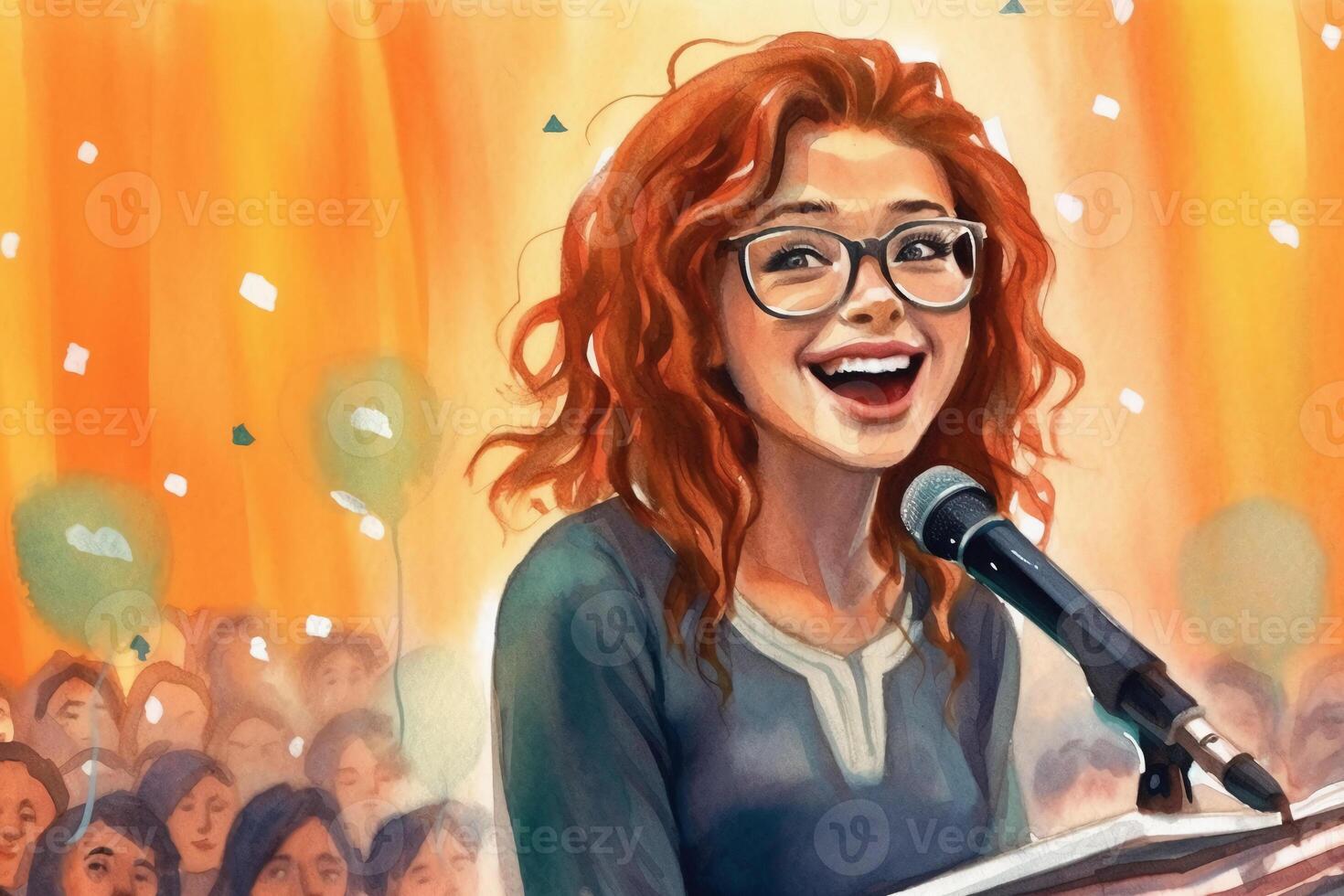 ilustración de joven mujer comprometido en un sentido. ai generativo foto