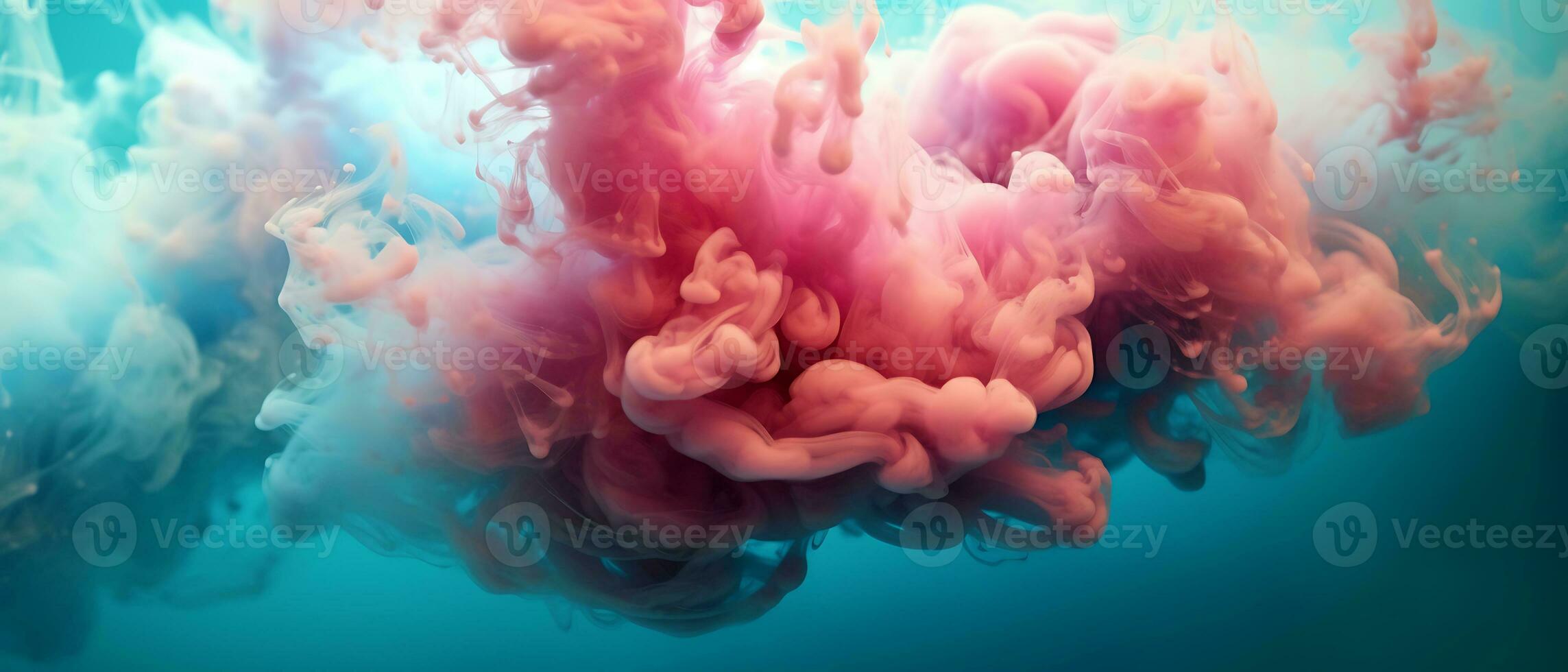 dreamy pastel teal and pink smoke gracefully swirling on an abstract background. generative AI photo