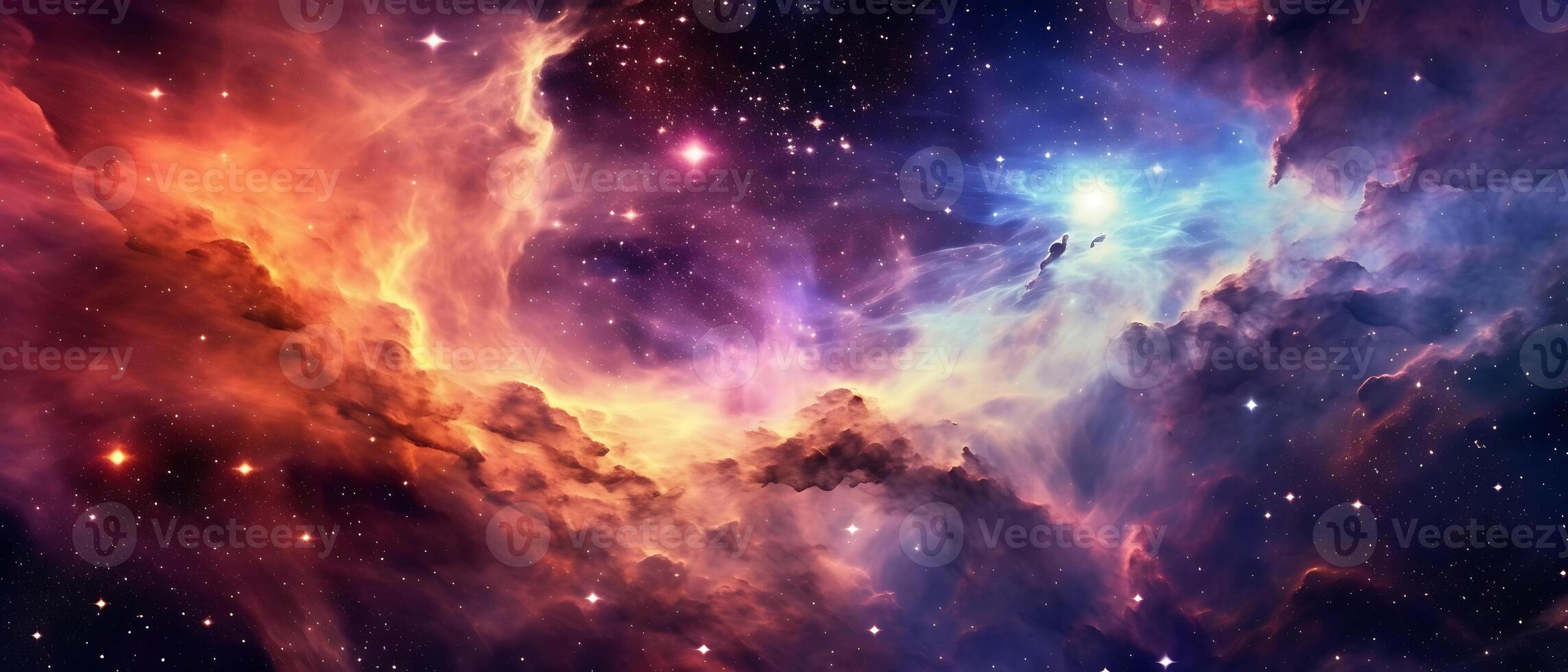 Vibrant celestial nebula of cosmic hues. Twinkling nocturnal cosmos adorned with galaxies. The wonders of science and astronomy in the vast universe. photo