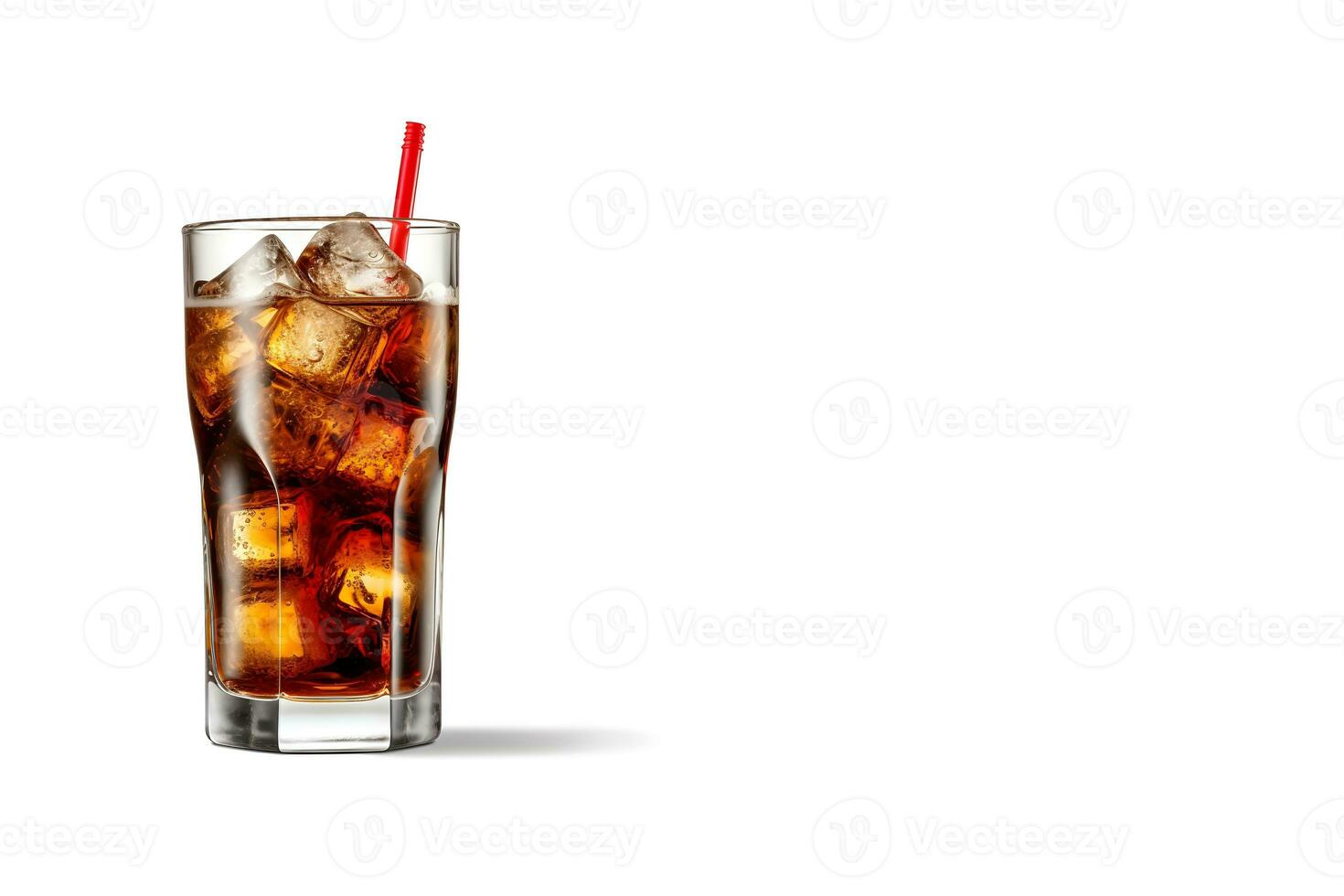 Cola in a glass with clear ice cubes, isolated on a white background with copy space. Generate AI photo