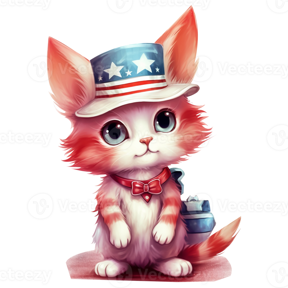 Cute cartoon kitten with American flag Watercolor Clipart on transparent background png
