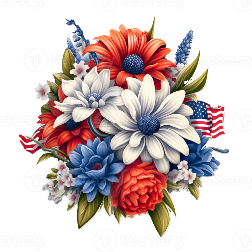 flor ramalhete com americano bandeira e flores EUA dia transparente fundo png