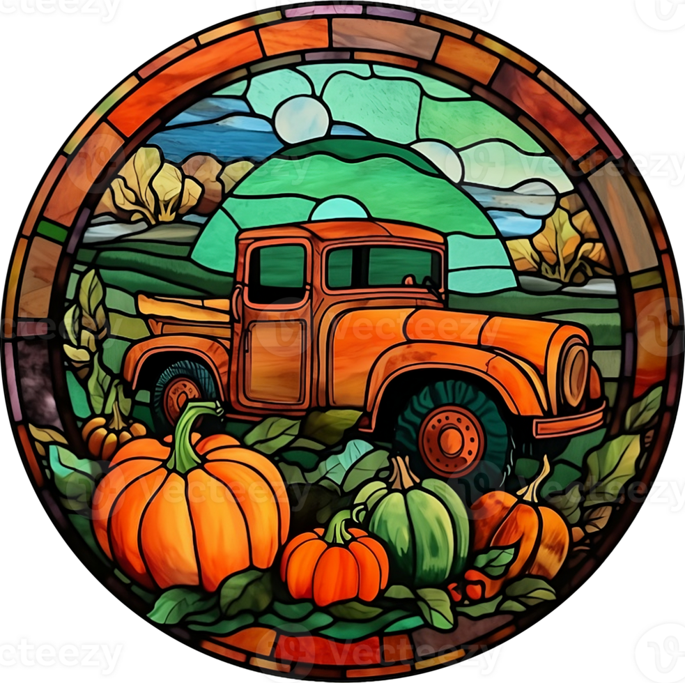 Fantasy Stained Glass Art Vintage Pumpkins Illustration Clipart. png