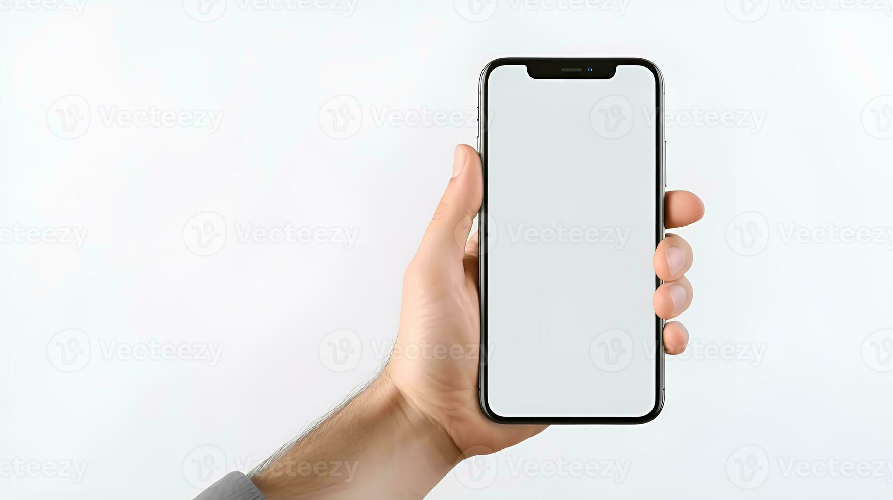 Man hand holding black smartphone isolated on white background photo