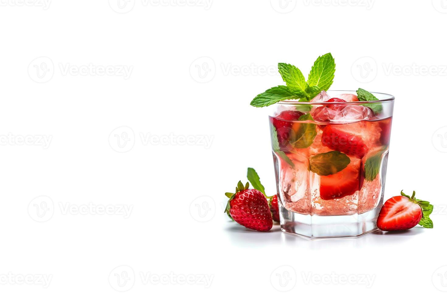 Fresh strawberry cocktail. Fresh summer cocktail with strawberry and ice cubes. Glass of strawberry soda drink on a white background with copy space. Generate AI photo