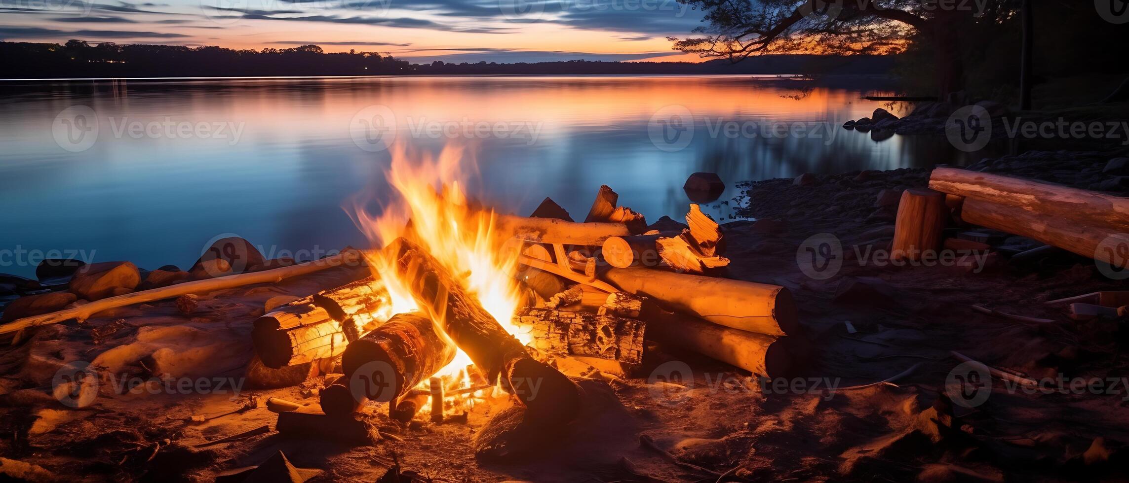 Experience a glowing campfire by the lake, with a stunning sunset and the warmth of open flames, fire, and logs. Enjoy beach camping at night amidst the serene lake landscape. photo