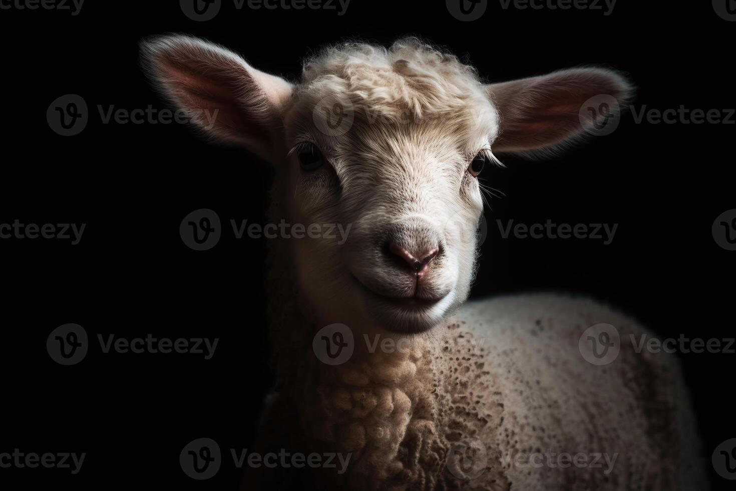 Portrait of a lamb face shot, close-up, isolated on black background. photo