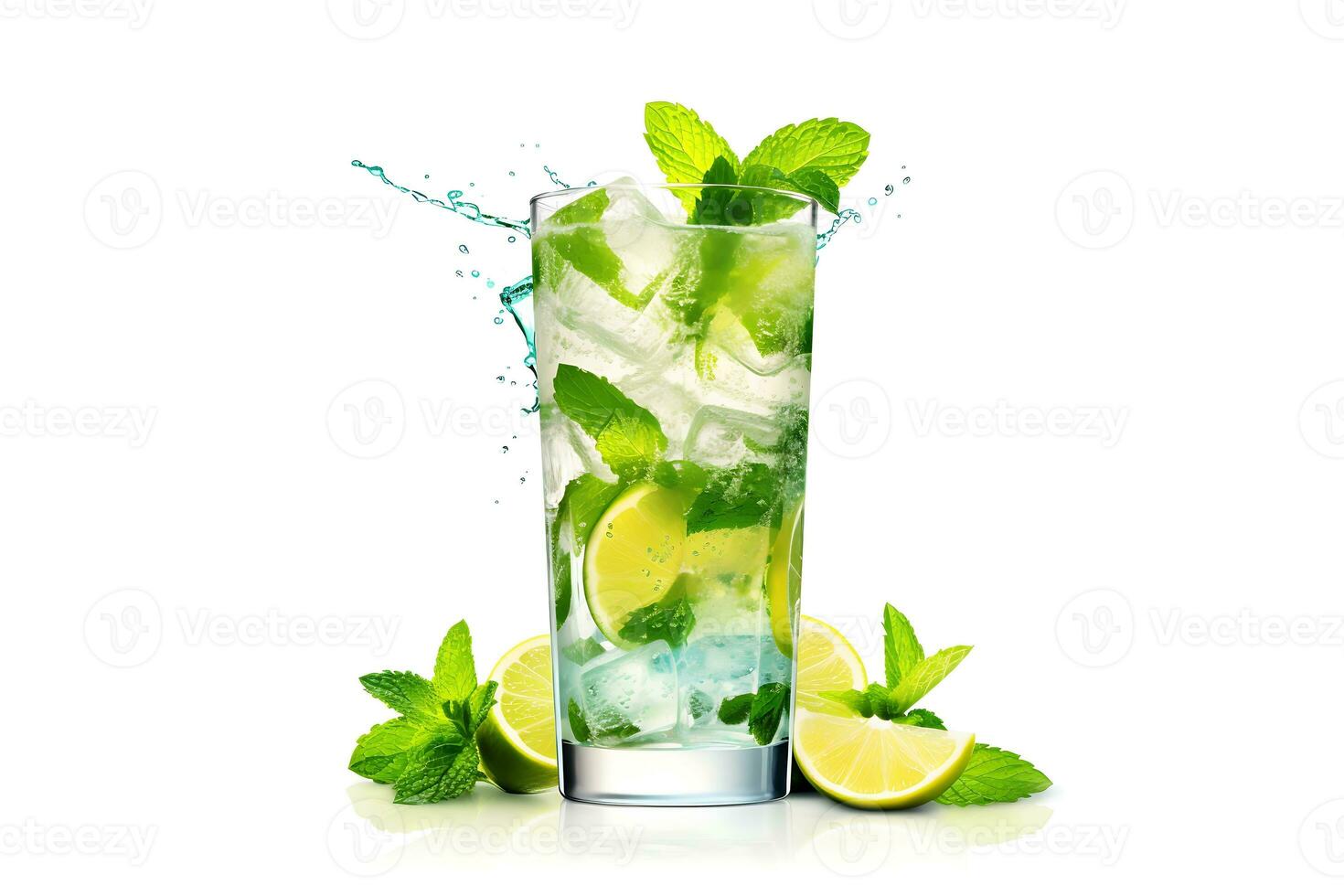 Glasses of fruit drinks with ice cubes, mojito cocktails with strawberry and lime fruits, and a refreshing summer drink. Generate AI photo