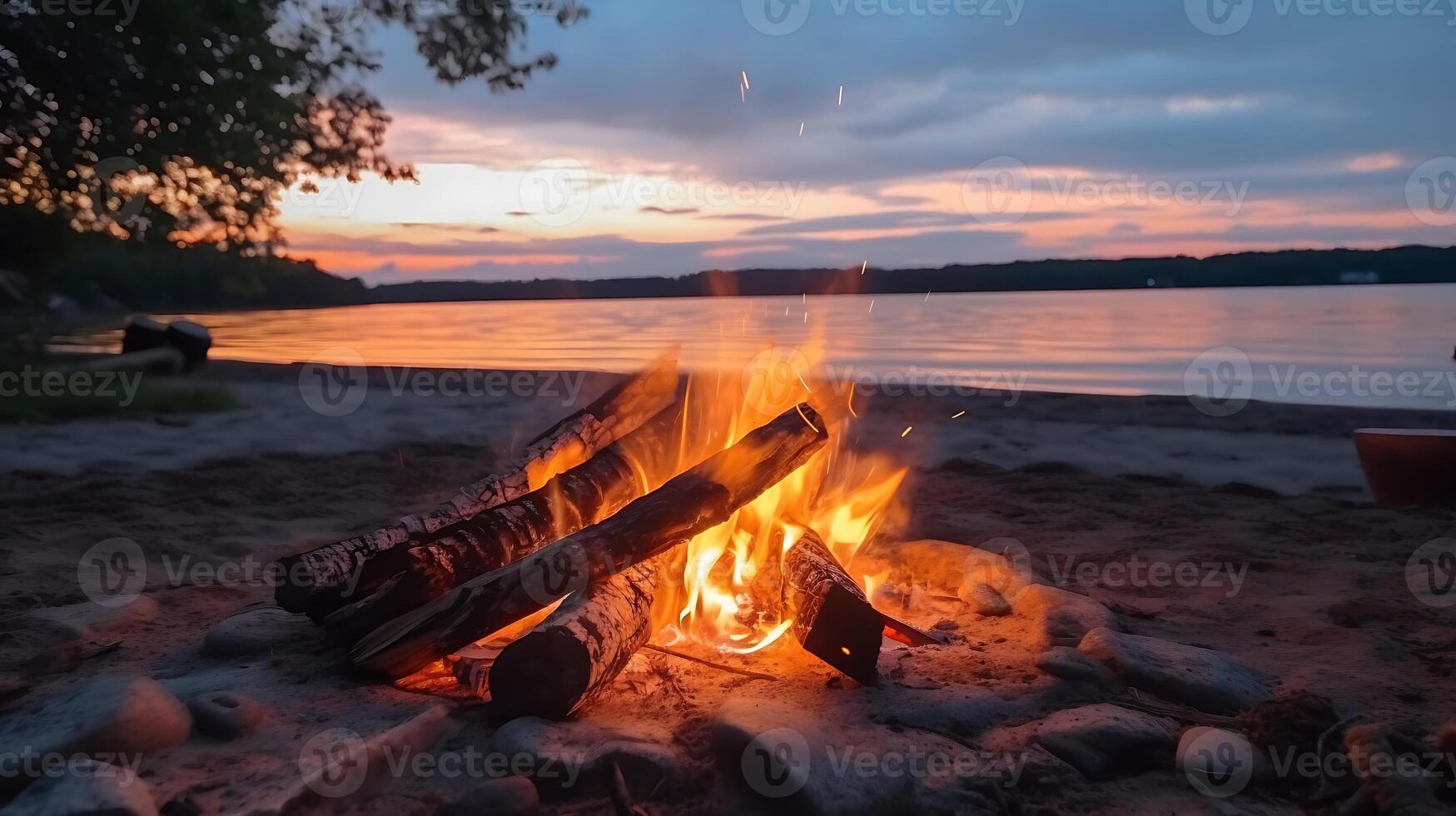 Experience a glowing campfire by the lake, with a stunning sunset and the warmth of open flames, fire, and logs. Enjoy beach camping at night amidst the serene lake landscape. photo