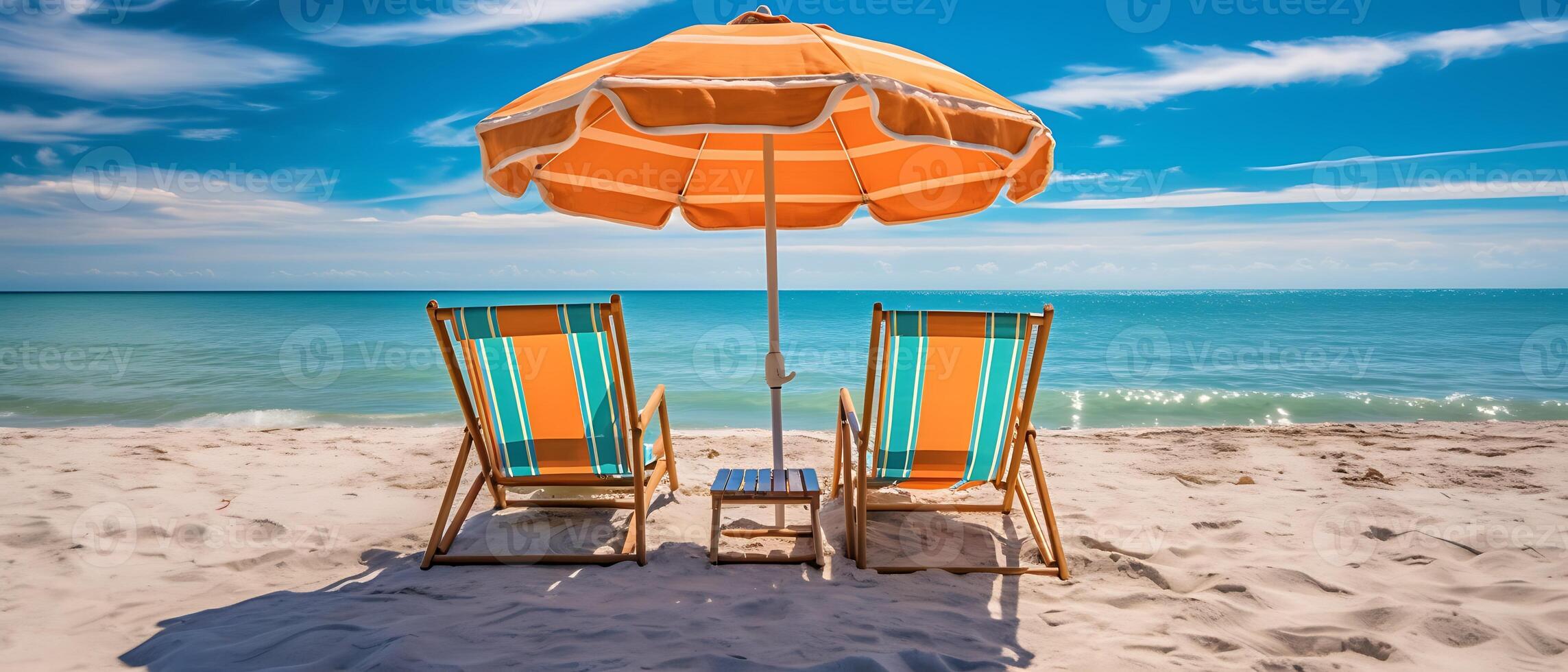 Summer chairs and umbrellas are set up on a tropical beach with a backdrop of blue sky and sea. Generative AI photo