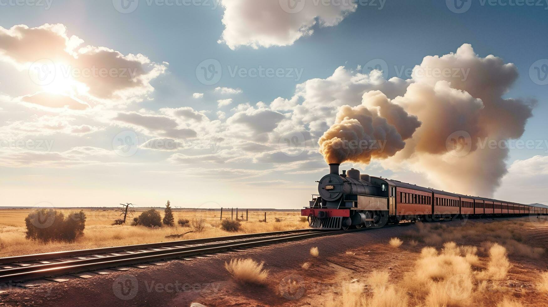 a train traveling through a desert under a blue sky with white fluffy puffy clouds in the distance with a dirt road in the foreground photo