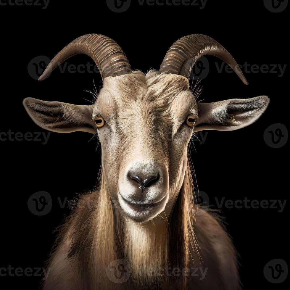 Portrait of a goat face shot, close-up, isolated on black background. photo