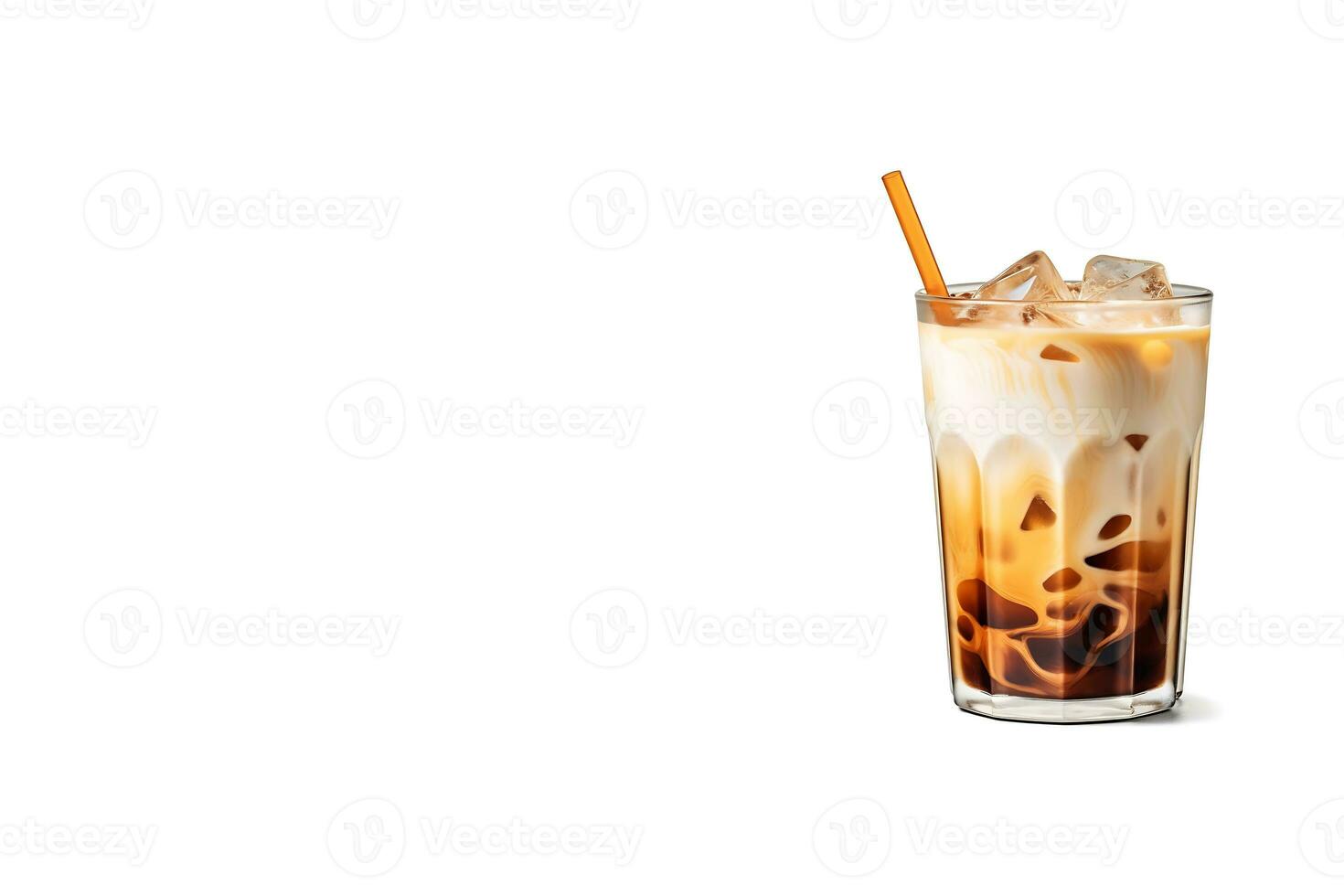 Iced coffee with cream being poured into it showing the refreshing drink on a white background with copy space. Generate AI photo
