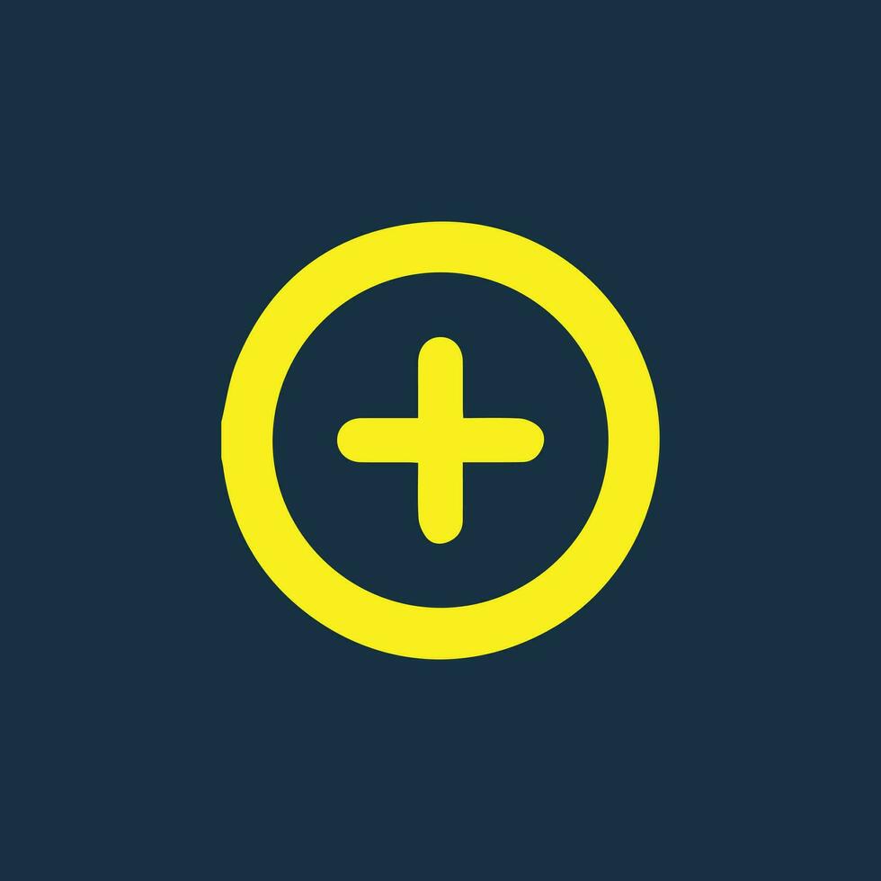 Round yellow icon of a plus symbol on dark blue background. Plus icon Basic mathematical symbol.Calculator button icon. Business finance concept in vector. vector