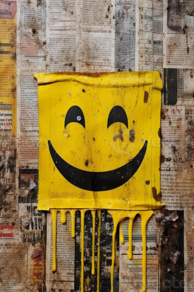 yellow paint dripping on the newspaper, happiness, smiley icon. photo