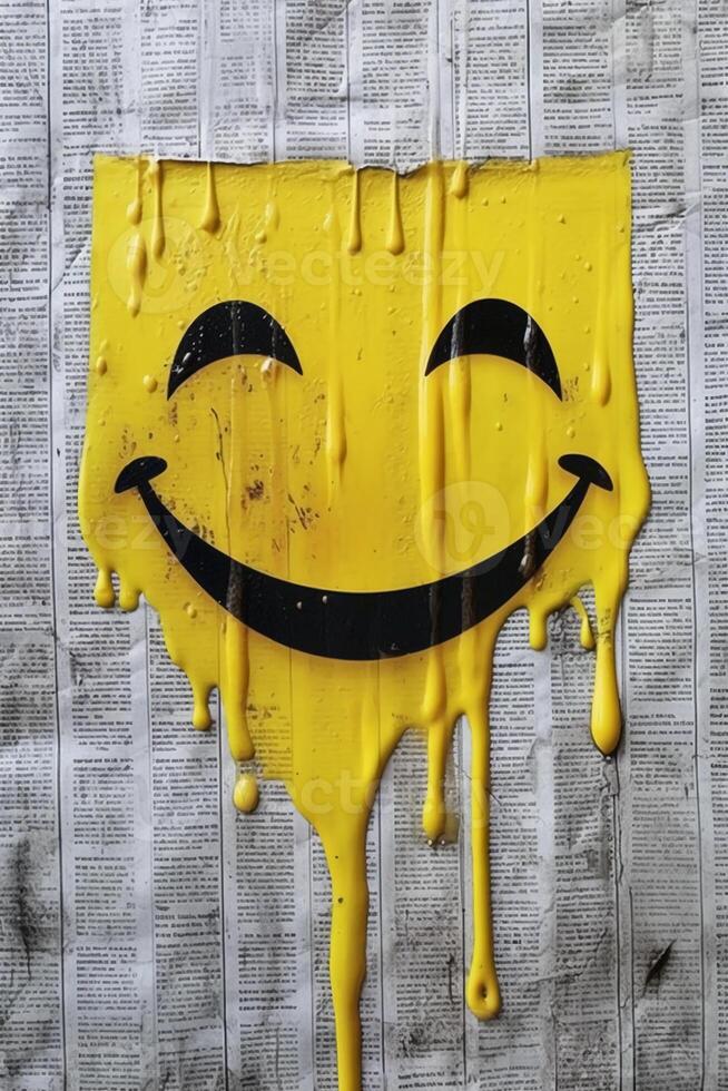 yellow paint dripping on the newspaper, happiness, smiley icon. photo