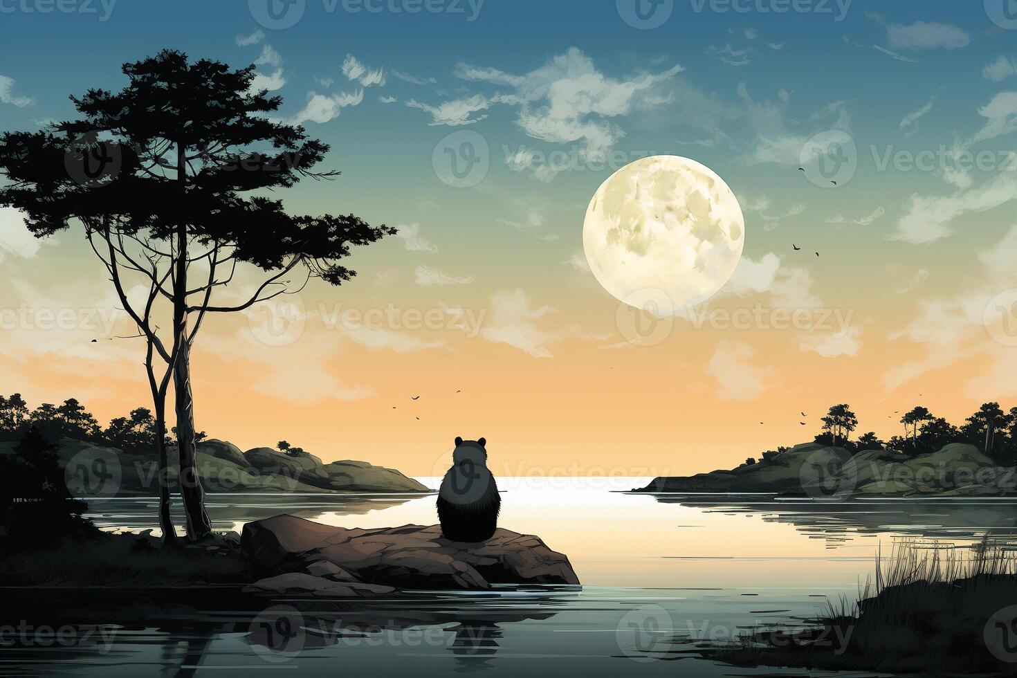 a lonely sad panda bear sits in front of a palm tree. photo