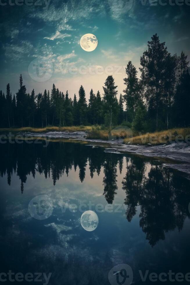 Photo of lake with moon reflection. AI generative