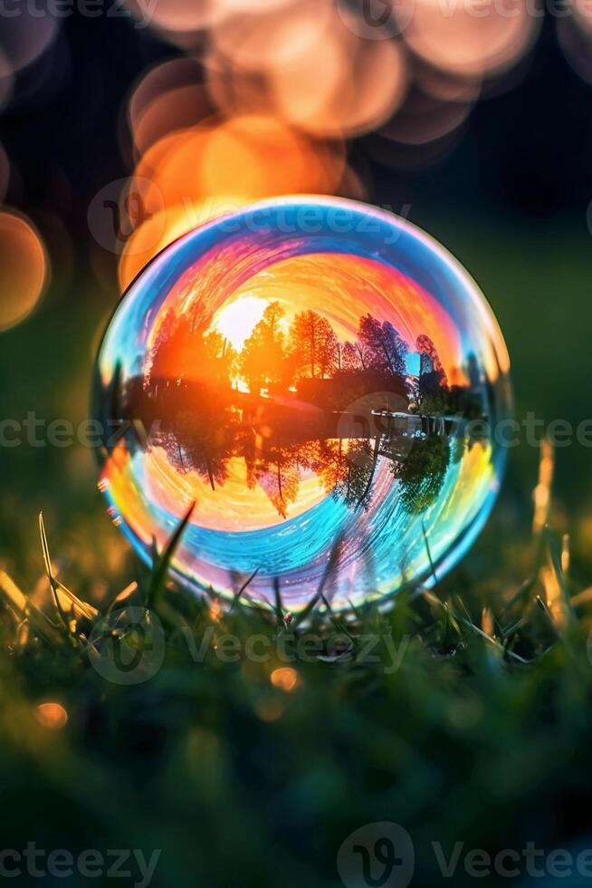 realistic colorful soap bubble in the morning sun. photo